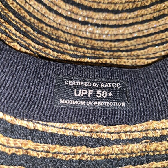 Eric Javits New York Packable Straw Bucket Sun Hat Tan Black Stripe UPF